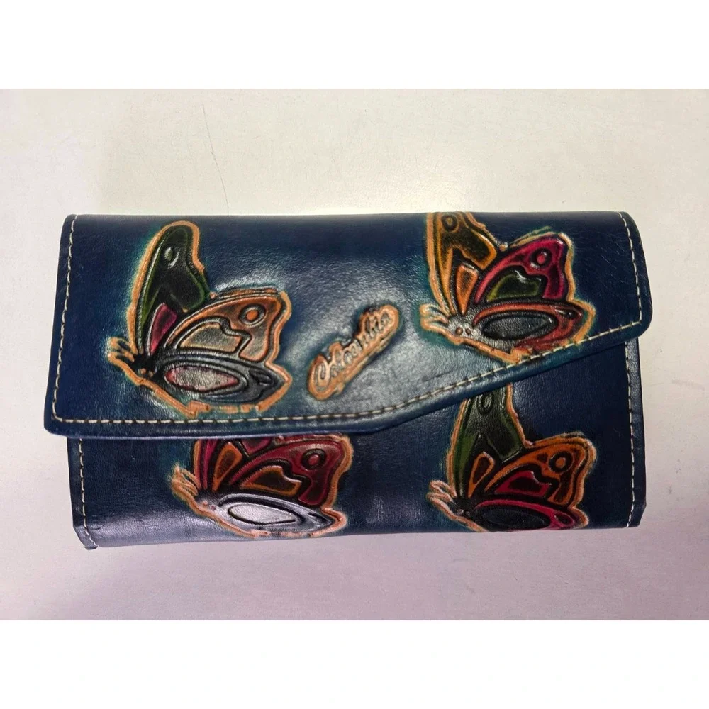 Hand-Painted‎ Leather Credit Card Wallet With Floral Butterfly Print Check Book